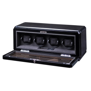 High Gloss Black Oak Four Watch Winder w/ Glass Window and Suede Interior - All