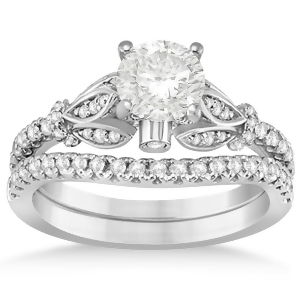 Diamond Floral Engagement Ring Bridal Set 14k White Gold 0.49ct - All