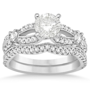 Diamond Split Shank Bridal Ring Set Milgrain 14k White Gold 0.69ct - All