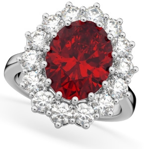 Oval Ruby and Diamond Halo Lady Di Ring 14k White Gold 6.40ct - All
