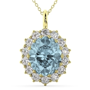 Oval Aquamarine and Diamond Halo Pendant Necklace 14k Yellow Gold 6.40ct - All