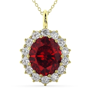 Oval Ruby and Diamond Halo Pendant Necklace 14k Yellow Gold 6.40ct - All