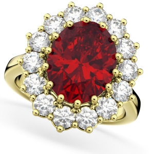 Oval Ruby and Diamond Halo Lady Di Ring 14k Yellow Gold 6.40ct - All
