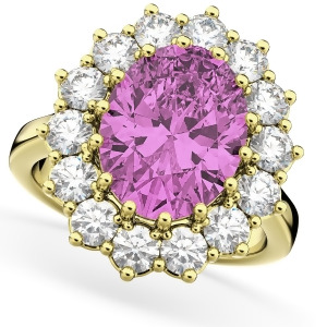 Oval Pink Sapphire and Diamond Halo Lady Di Ring 14k Yellow Gold 6.40ct - All
