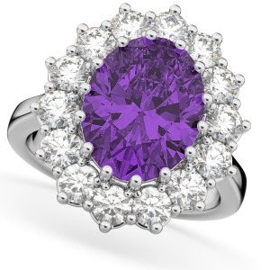 Oval Amethyst and Diamond Halo Lady Di Ring 14k White Gold 6.40ct - All