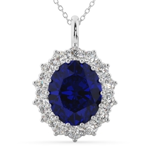 Oval Blue Sapphire and Diamond Halo Pendant Necklace 14k White Gold 6.40ct - All