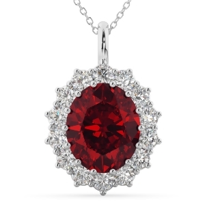 Oval Ruby and Diamond Halo Pendant Necklace 14k White Gold 6.40ct - All