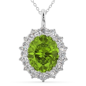 Oval Peridot and Diamond Halo Pendant Necklace 14k White Gold 6.40ct - All