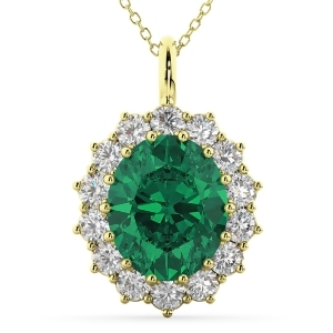 Oval Emerald and Diamond Halo Pendant Necklace 14k Yellow Gold 6.40ct - All