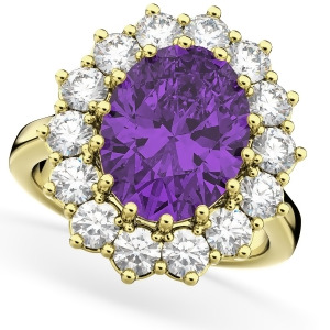 Oval Amethyst and Diamond Halo Lady Di Ring 14k Yellow Gold 6.40ct - All