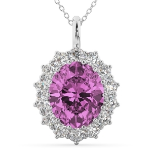 Oval Pink Sapphire and Diamond Halo Pendant Necklace 14k White Gold 6.40ct - All