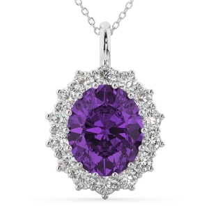 Oval Amethyst and Diamond Halo Pendant Necklace 14k White Gold 6.40ct - All