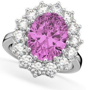Oval Pink Sapphire and Diamond Halo Lady Di Ring 14k White Gold 6.40ct - All