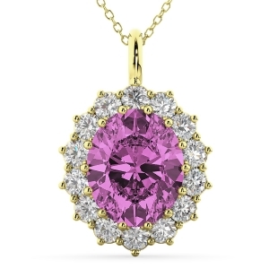 Oval Pink Sapphire and Diamond Halo Pendant Necklace 14k Yellow Gold 6.40ct - All