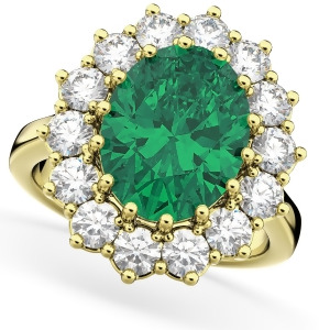 Oval Emerald and Diamond Halo Lady Di Ring 14k Yellow Gold 6.40ct - All