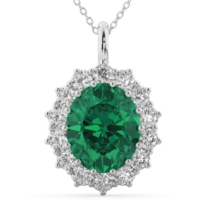 Oval Emerald and Diamond Halo Pendant Necklace 14k White Gold 6.40ct - All