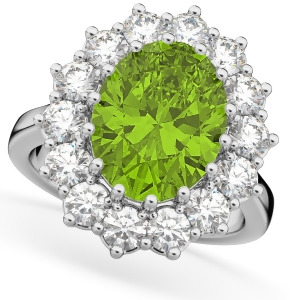 Oval Peridot and Diamond Halo Lady Di Ring 14k White Gold 6.40ct - All