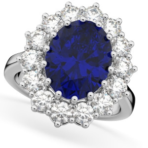 Oval Blue Sapphire and Diamond Halo Lady Di Ring 14k White Gold 6.40ct - All