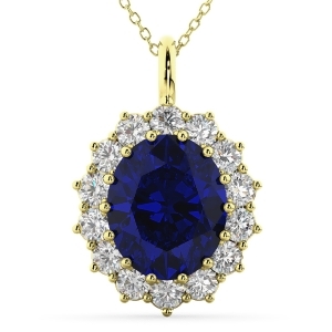 Oval Blue Sapphire and Diamond Halo Pendant Necklace 14k Yellow Gold 6.40ct - All
