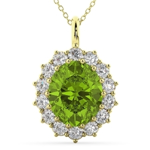 Oval Peridot and Diamond Halo Pendant Necklace 14k Yellow Gold 6.40ct - All
