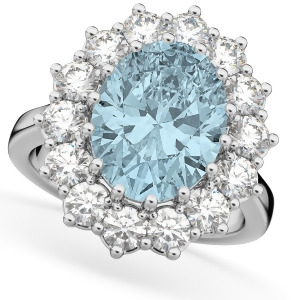 Oval Aquamarine and Diamond Halo Lady Di Ring 14k White Gold 6.40ct - All