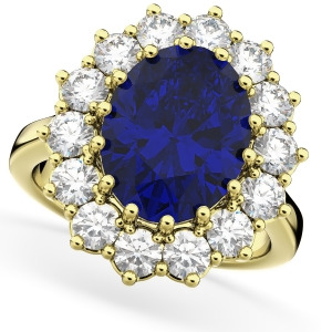 Oval Blue Sapphire and Diamond Halo Lady Di Ring 14k Yellow Gold 6.40ct - All