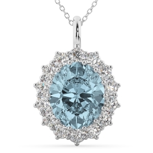 Oval Aquamarine and Diamond Halo Pendant Necklace 14k White Gold 6.40ct - All