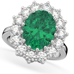 Oval Emerald and Diamond Halo Lady Di Ring 14k White Gold 6.40ct - All