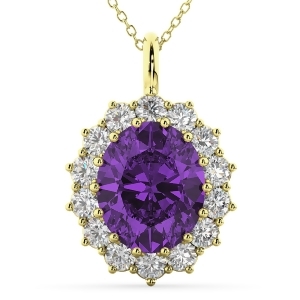 Oval Amethyst and Diamond Halo Pendant Necklace 14k Yellow Gold 6.40ct - All