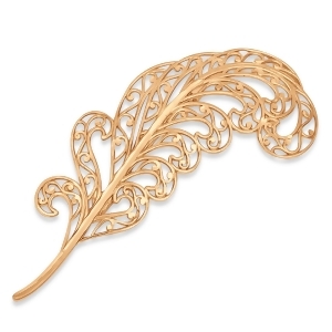 Filigree Feather Brooch Pin Metal 14k Rose Gold - All