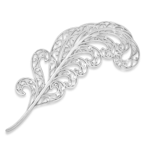 Filigree Feather Brooch Pin 14k White Gold - All