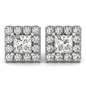 Diamond Princess-cut Halo Stud Earrings 14k White Gold 1.85ct - All