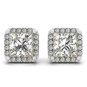 Diamond Princess-cut Square Halo Stud Earrings 14k White Gold 0.70ct - All
