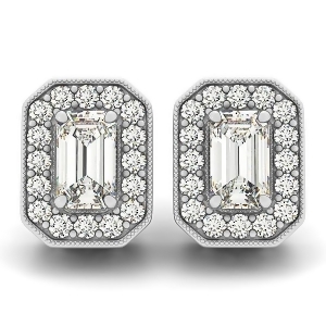 Diamond Emerald-cut Halo Stud Earrings 14k White Gold 0.90ct - All