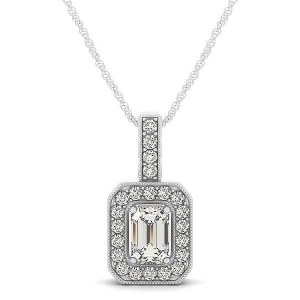 Emerald-cut Diamond Drop Halo Pendant Necklace 14k White Gold 0.90ct - All