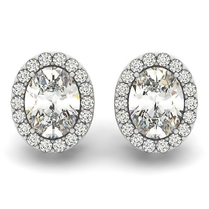 Oval-shape Diamond Halo Stud Earrings 14k White Gold 1.20ct - All
