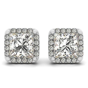 Diamond Princess-cut Square Halo Stud Earrings 14k White Gold 1.70ct - All