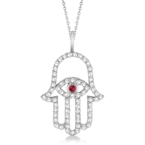 Diamond and Ruby Hamsa Evil Eye Pendant Necklace 14k White Gold 0.51ct - All