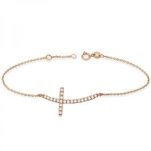Diamond Sideways Curved Cross Ankle Bracelet 14k Rose Gold 0.50ct - All
