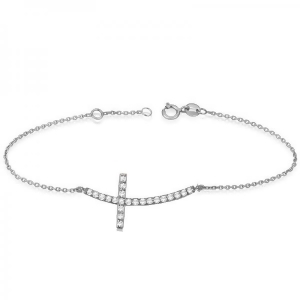 Diamond Sideways Curved Cross Chain Bracelet 14k White Gold 0.50ct - All