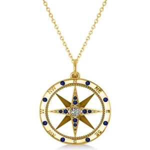 Compass Pendant Blue Sapphire and Diamond Accented 14k Yellow Gold 0.19ct - All