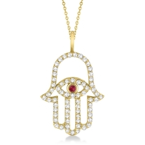 Diamond and Ruby Hamsa Evil Eye Pendant Necklace 14k Yellow Gold 0.51ct - All