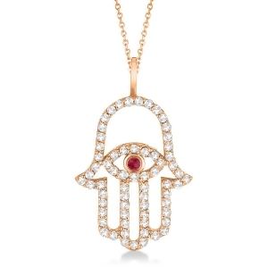Diamond and Ruby Hamsa Evil Eye Pendant Necklace 14k Rose Gold 0.51ct - All