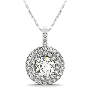 Diamond Drop Double Halo Pendant Necklace 18k White Gold 2.25ct - All
