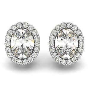 Oval-shape Diamond Halo Stud Earrings 18k White Gold 1.80ct - All