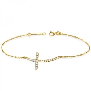 Diamond Sideways Curved Cross Chain Bracelet 14k Yellow Gold 0.50ct - All
