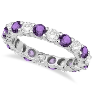 Eternity Diamond and Amethyst Anniversary Ring Band 14k White Gold 3.50ct - All