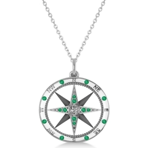 Compass Pendant Emerald and Diamond Accented 14k White Gold 0.19ct - All