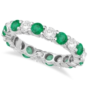 Eternity Diamond and Emerald Ring Anniversary Band 14k White Gold 3.50ct - All