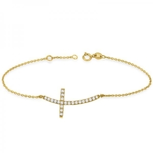 Diamond Sideways Curved Cross Ankle Bracelet 14k Yellow Gold 0.50ct - All